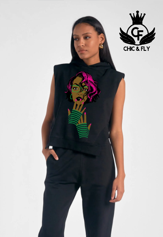 !GASPS!!! Chic Greek Pink and Green Sleeveless Graphic Hoodie by Chic and Fly