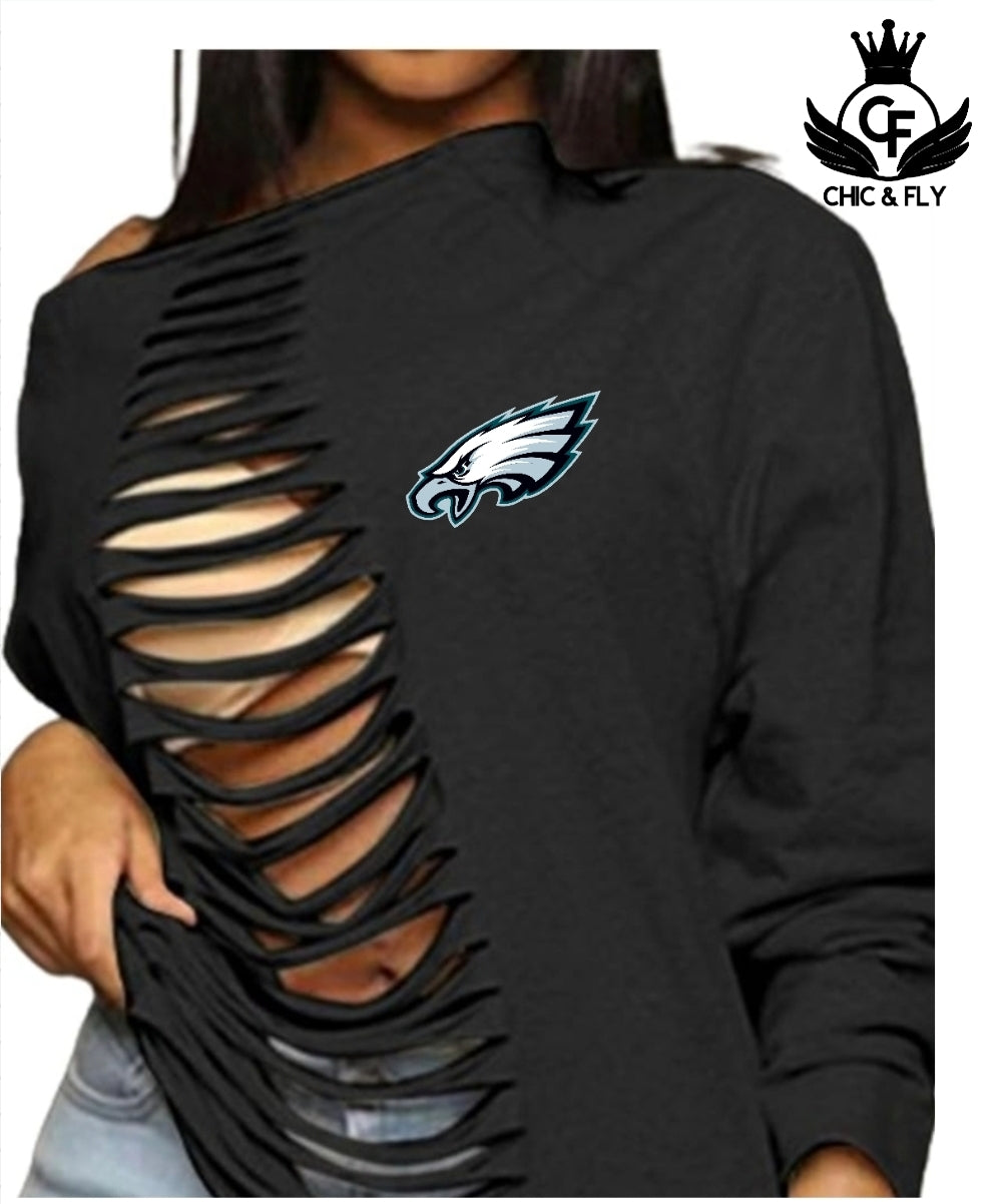 Eagles Ripped Off Shoulder Sweatshirt
