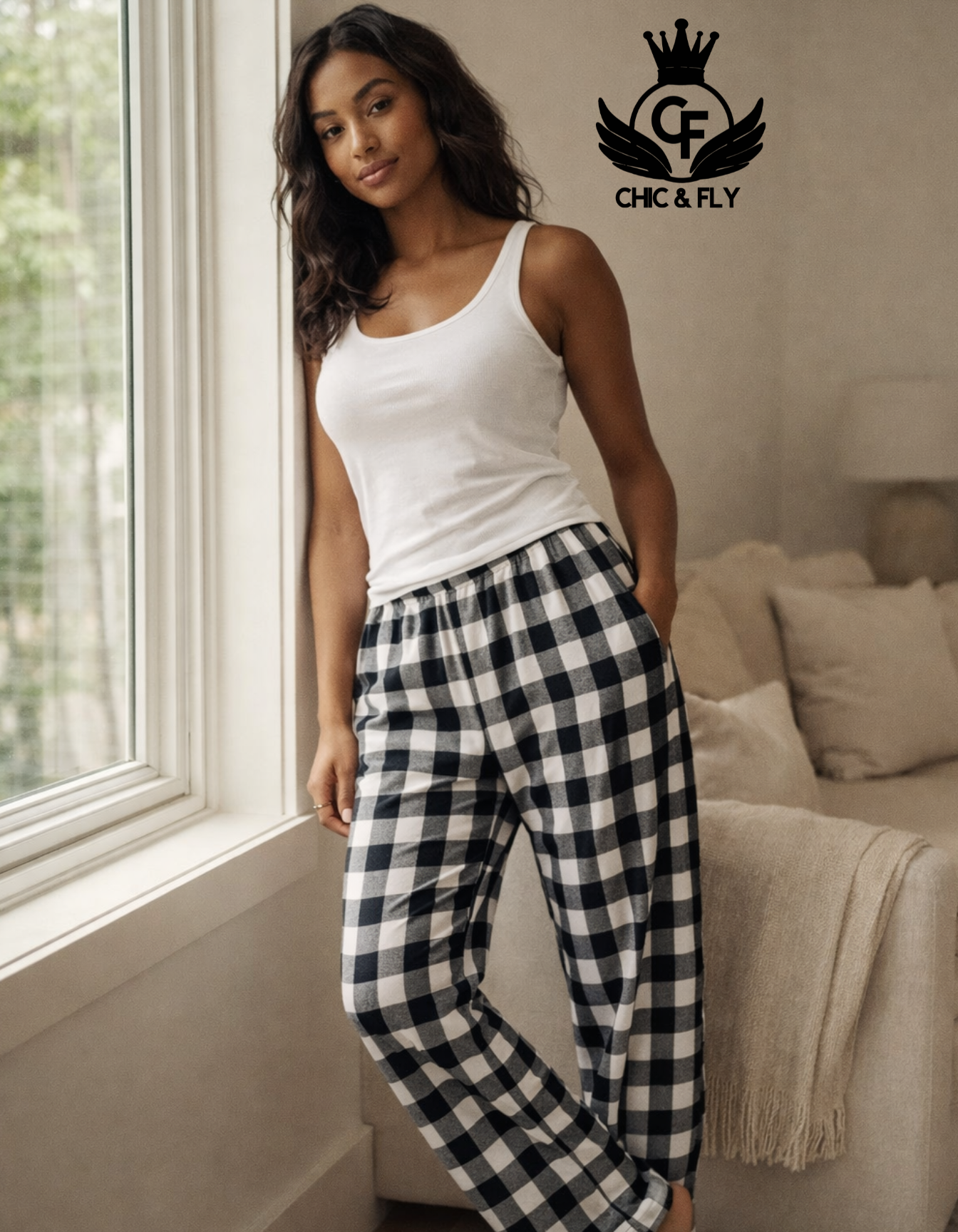 Black and White Plaid Pajama Bottoms