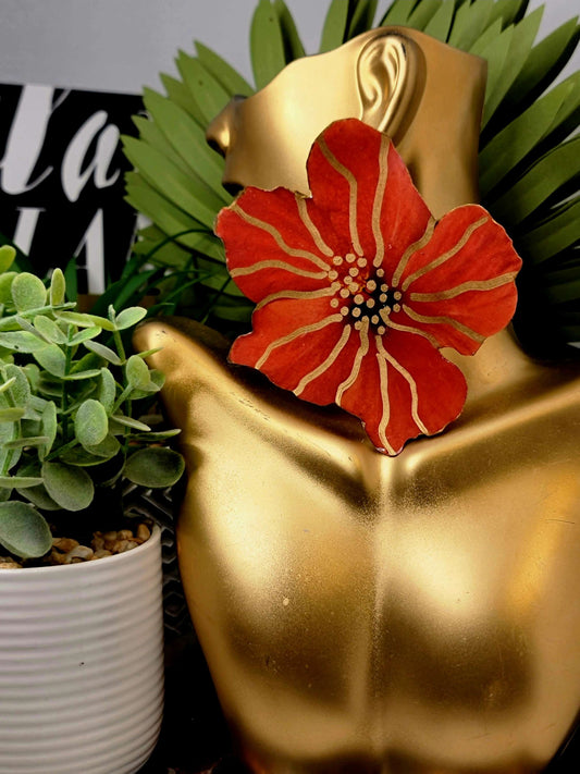 Ms. Hannah Floral Collection Red and Gold Stripe Hibiscus  Fashion Earrings  image 0