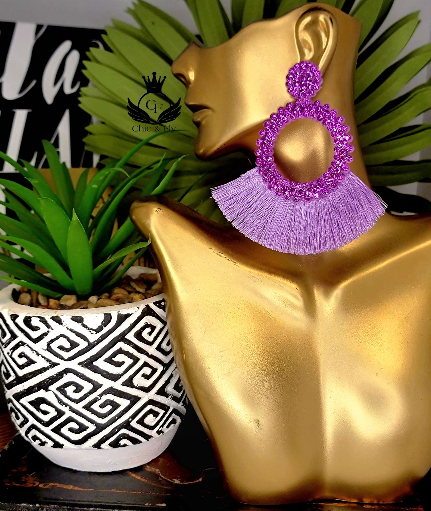 Ms.Glitzy Purple Sparkle Fringe Statement Earrings image 0