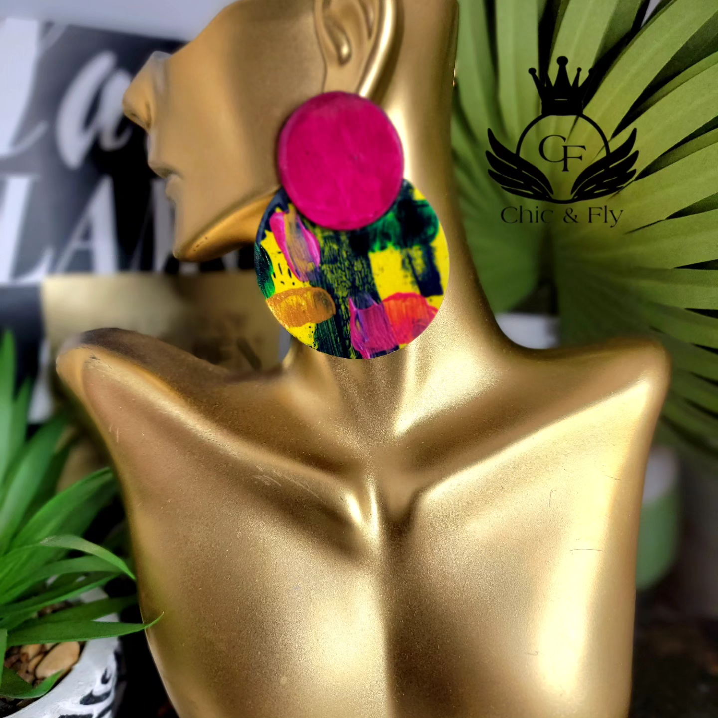 Ms.Yeonda Hot Pink Yellow Navy Teal and Metallic Gold Fashion Earrings image 0