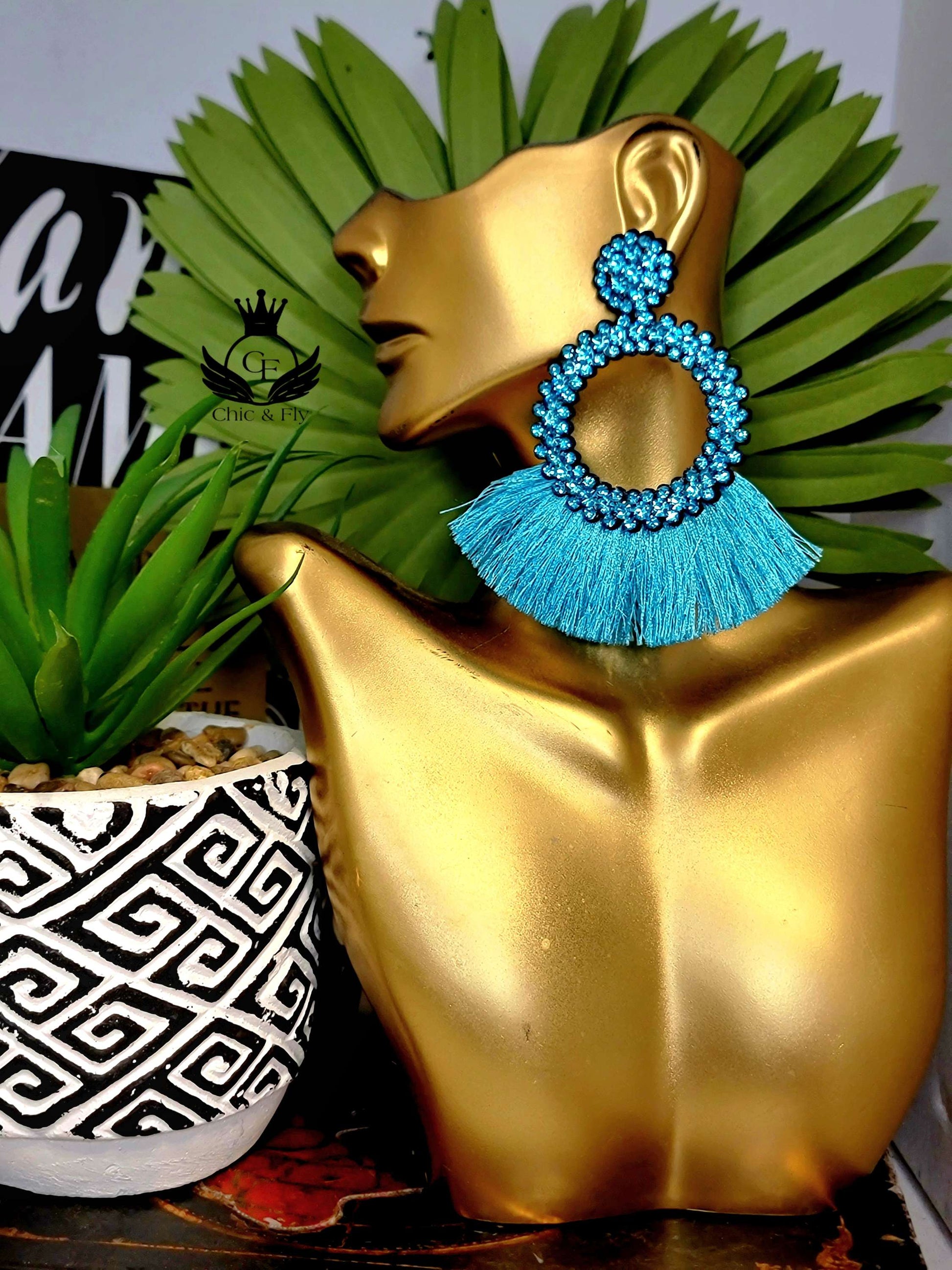 Ms.Glitzy Turquoise Sparkle Fringe Statement Earrings image 0