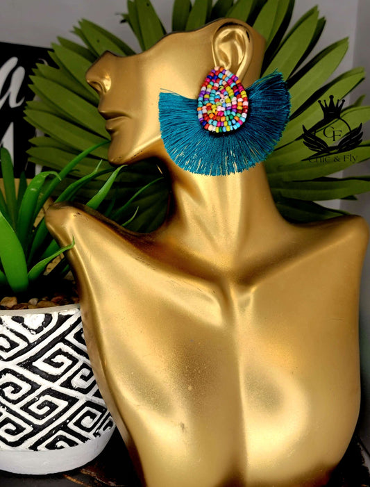 Ms. Maritza Teal Beaded Fringe Statement Earrings image 0