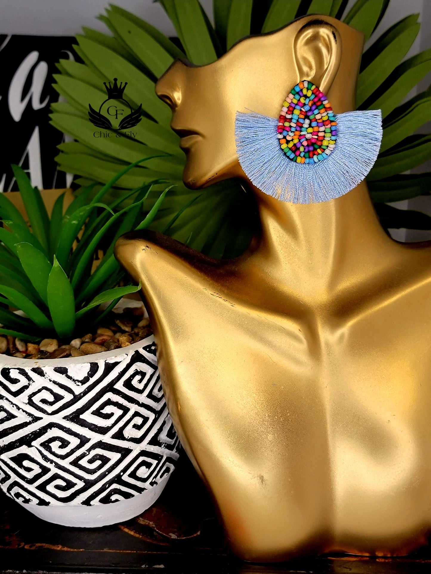 Ms. Maritza Light Blue Beaded Fringe Statement Earrings image 0