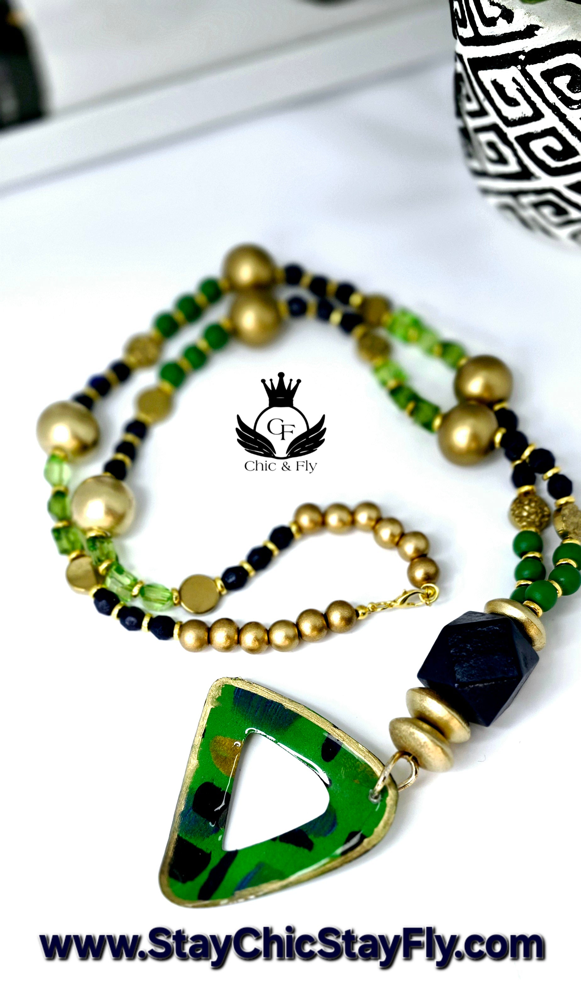Ms. Gisele Necklace, Navy Blue, Green, Turqouise, and Gold