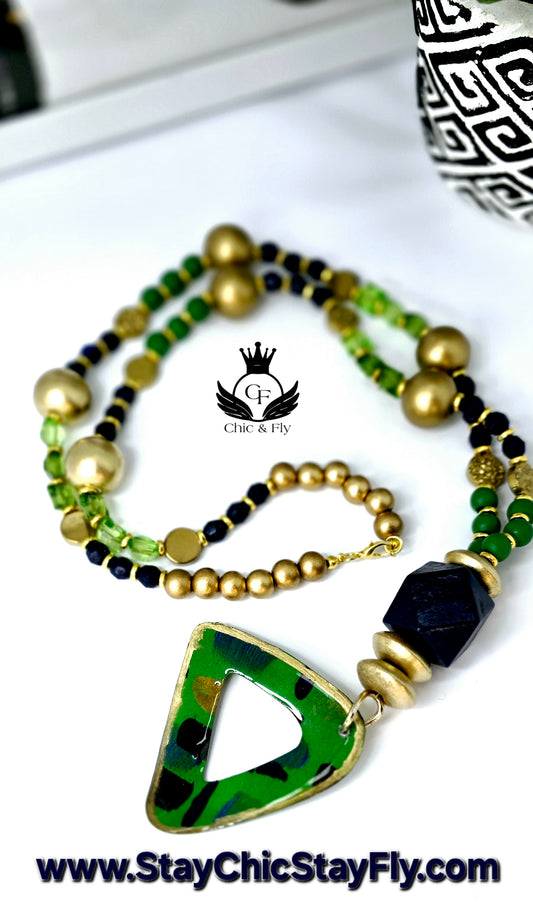 Ms. Gisele Necklace, Navy Blue, Green, Turqouise, and Gold