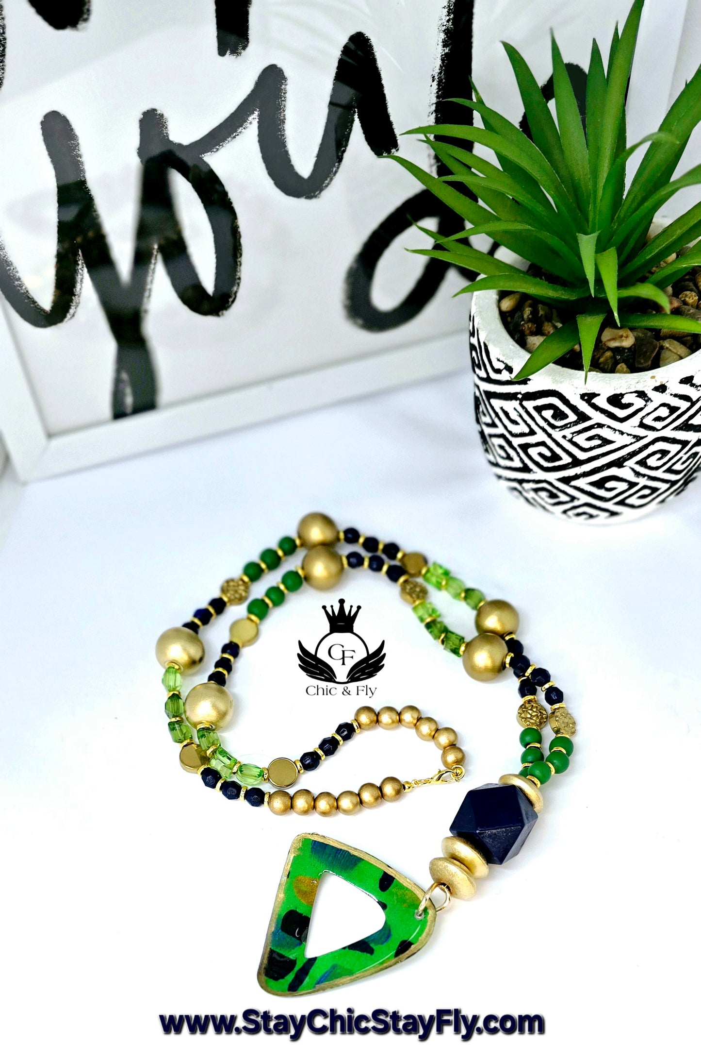 Ms. Gisele Necklace, Navy Blue, Green, Turqouise, and Gold