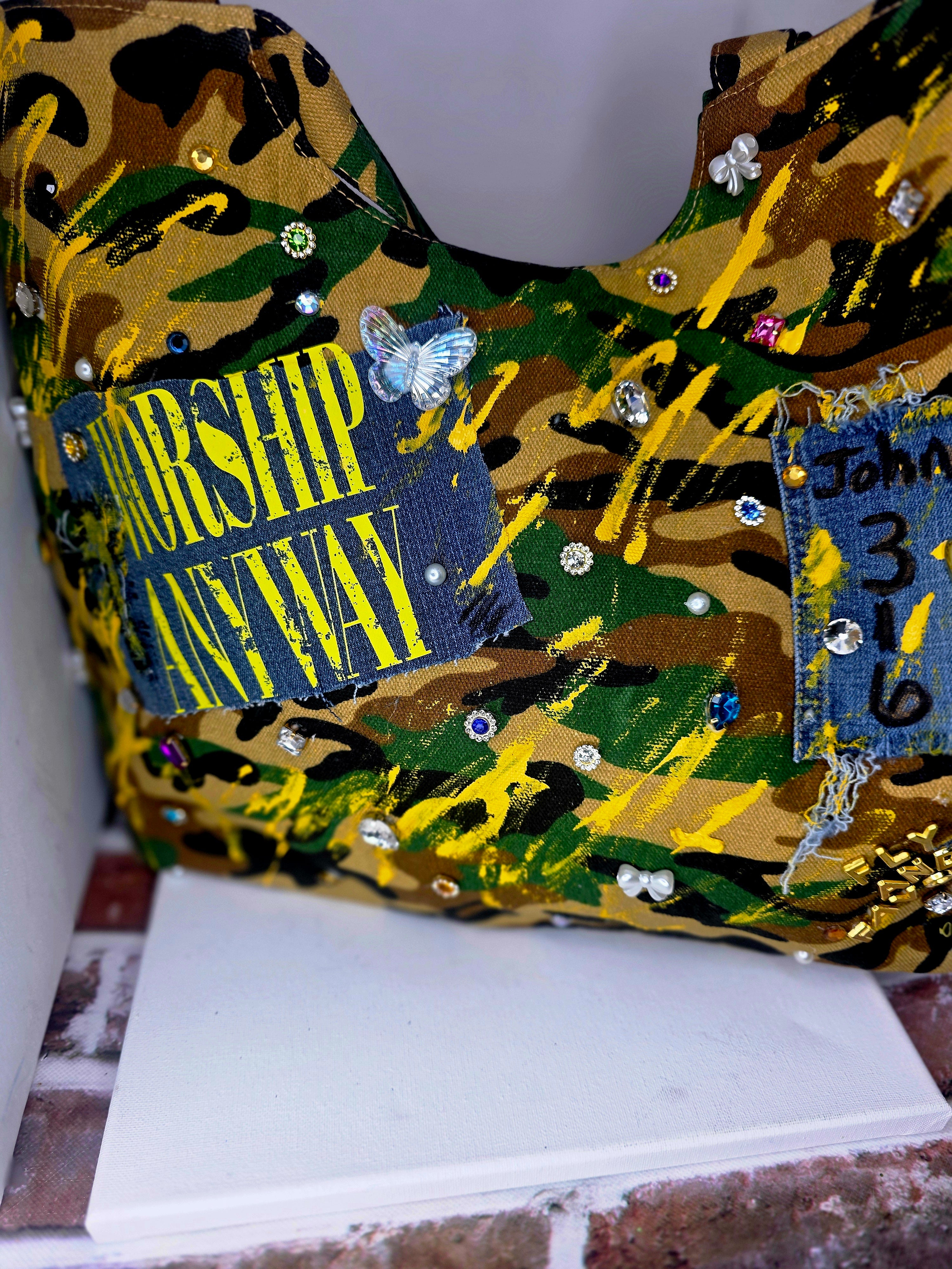 Worship Anyway Handmade Statement Handbag | Faith-Based Camouflage Tote | Fly and Favored ✨